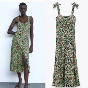 Zara Floral Print Green Pink Midi Dress NWT Size Small Cottagecore Prairiecore